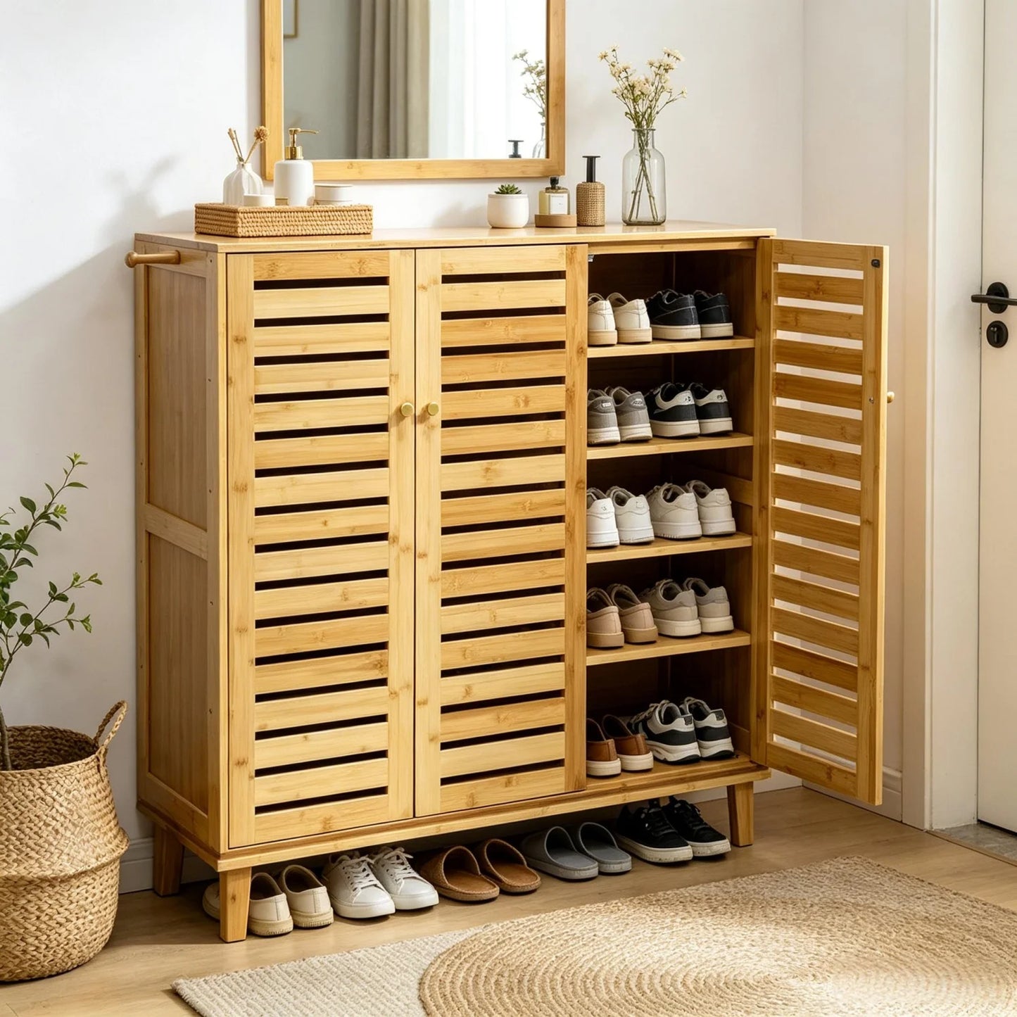 Bamboo Shoe Storage Cabinet Five Tier Organizer For Entryways Hallways