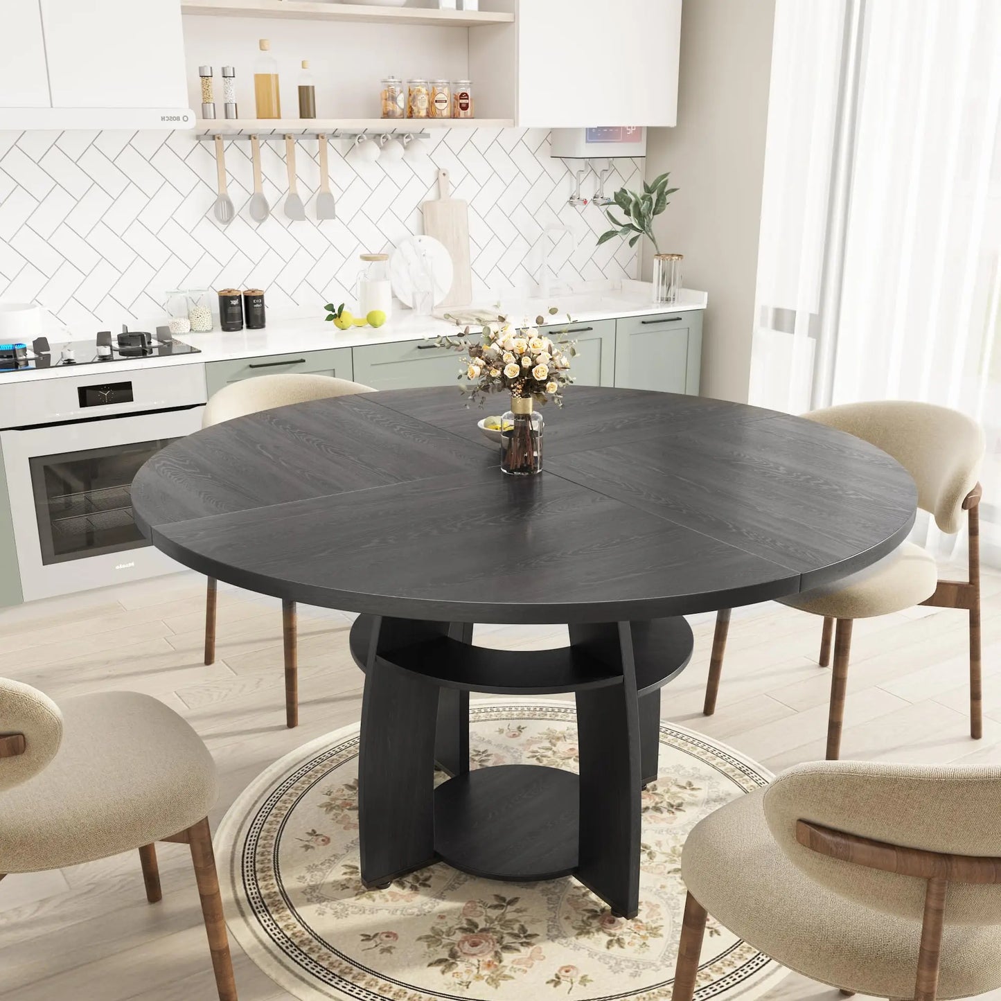 HiMISS Farmhouse Round Wood Dining Table With Storage
