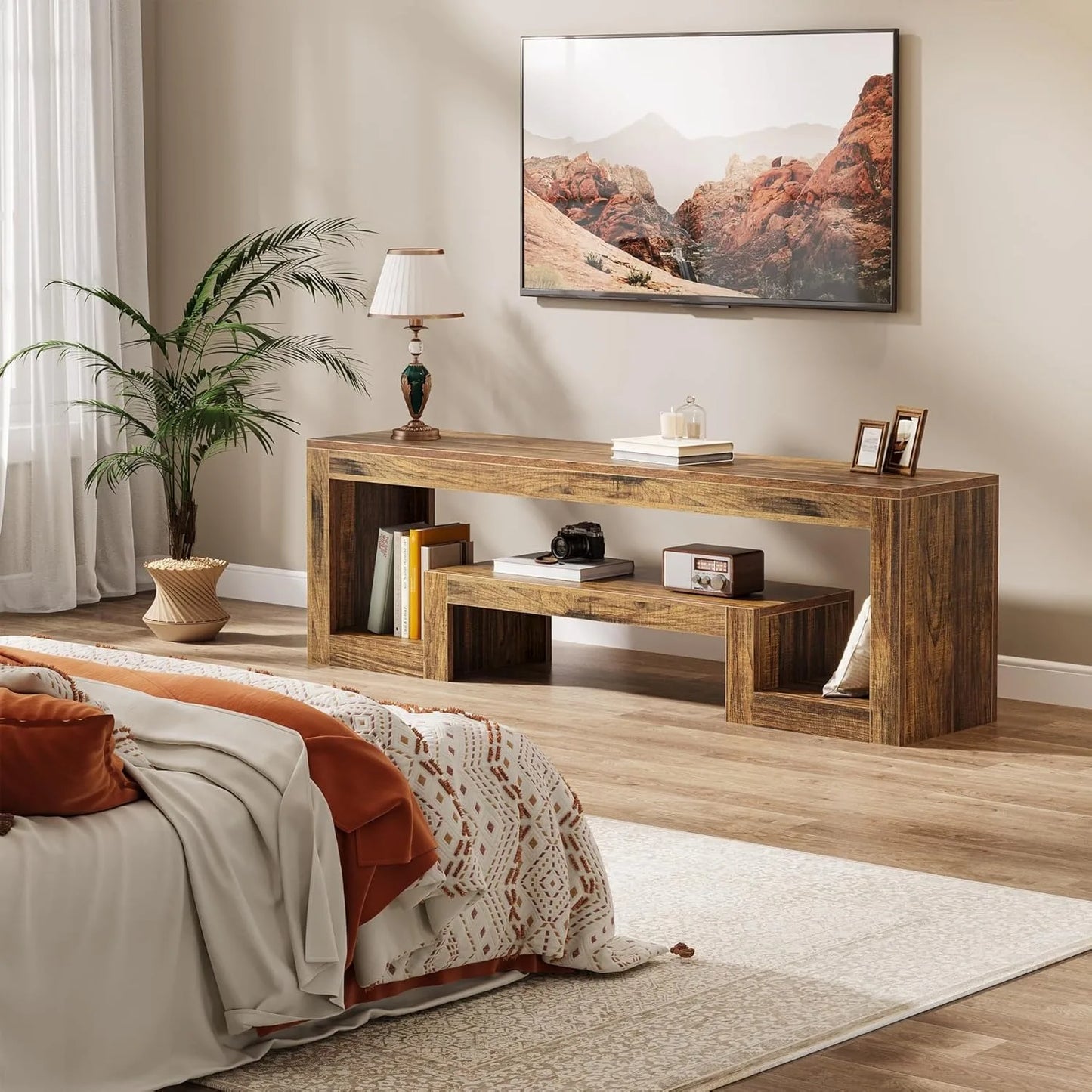 Little Tree Farmhouse TV Stand With Open Storage Shelves