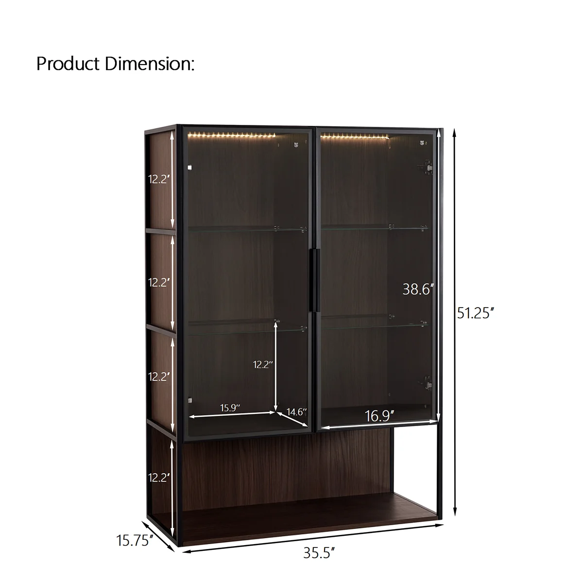 TWISTER.CK 130cm LED Lighted Display Cabinet With Metal Frame And Tempered Glass Door Ideal For Living Room