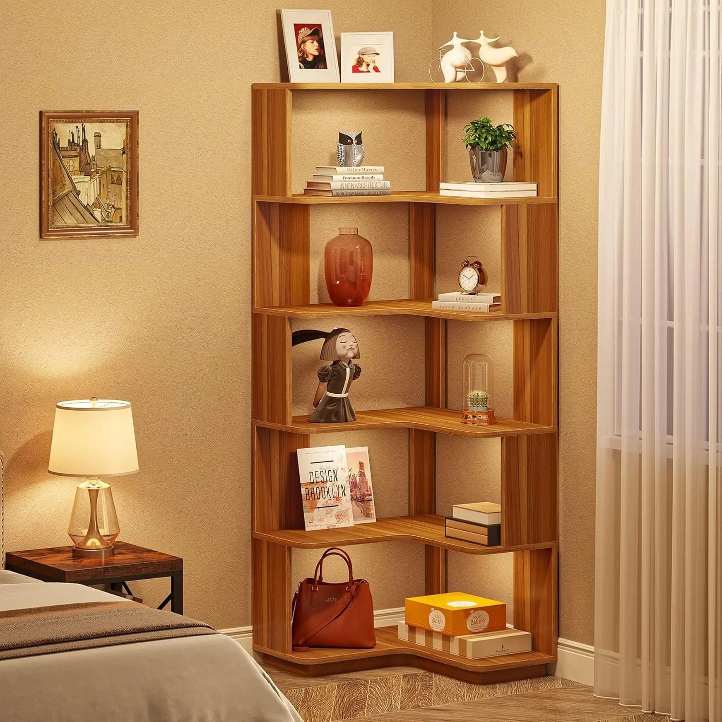 LITTLE TREE 6 Tier Corner Bookshelf L Shaped Bookcase