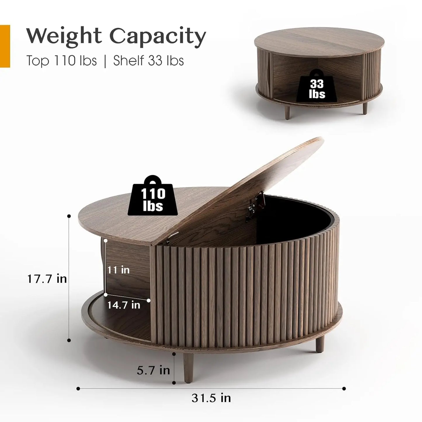 Round Coffee Table With Hidden Slidable Storage Door Modern Walnut