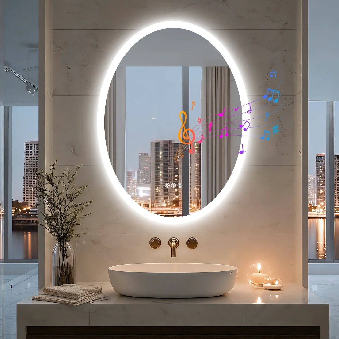 Oval Bluetooth LED Bathroom Vanity Mirror With Backlit Defog Speaker
