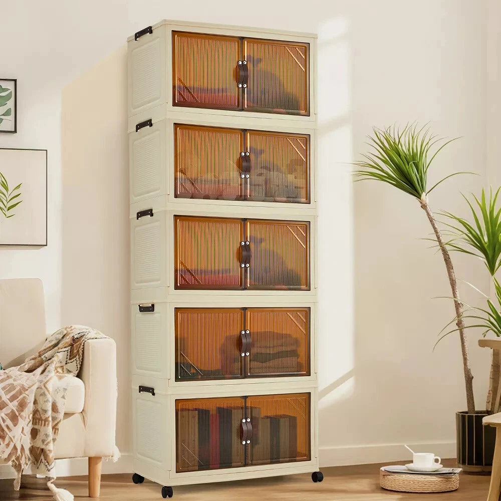 HiMISS 3/4/5-Tier Foldable Storage Cabinet With Lids And Wheels