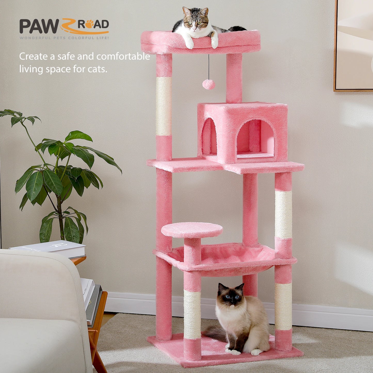 PAWZ Road Pink Multi Level Cat Tree For Indoor Cats With Large Hammock Sisal Scratching Posts Cozy Condo And Top Perch