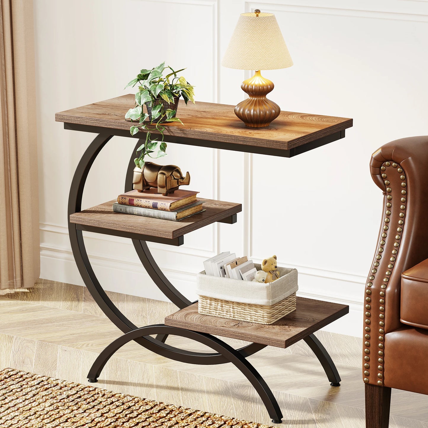 Tribesigns C Shaped End Table With Storage Shelves Industrial Style