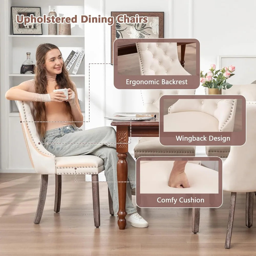Velvet Dining Chairs Set of 6 With Nailhead Trim Tufted Wing Back