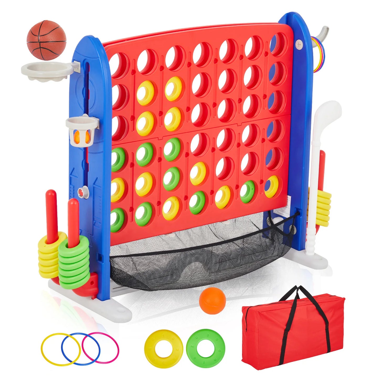 Giant 4 In 1 Outdoor Yard Game Set With Adjustable Height Basketball Hoop Ring Toss Connect Four For Family Fun