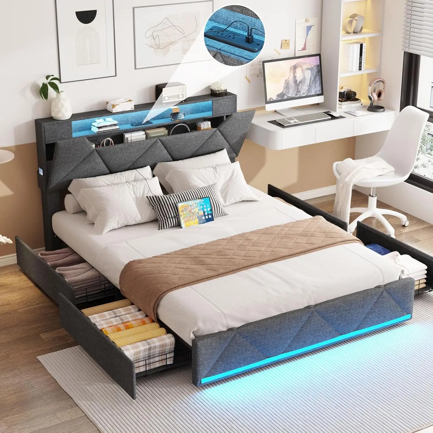 Full Bed Frame With Storage Headboard And Four Drawers