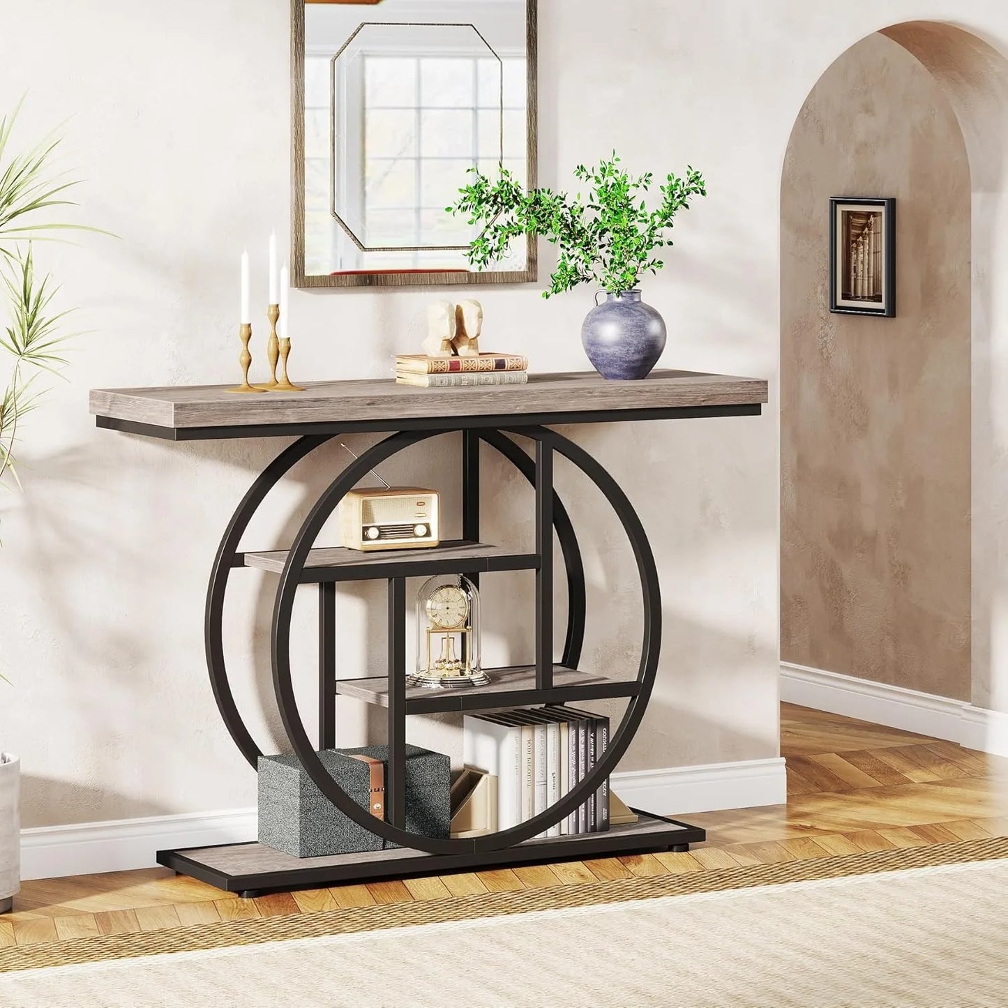 Little Tree Industrial Console Table With Four Storage Shelves For Entryway