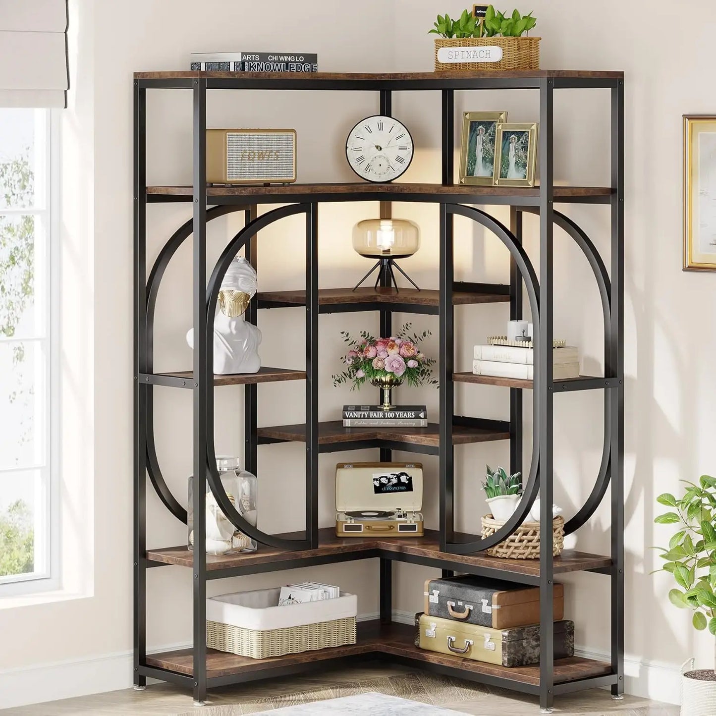 LITTLE TREE 7-Shelf Corner Bookshelf with Metal Frame