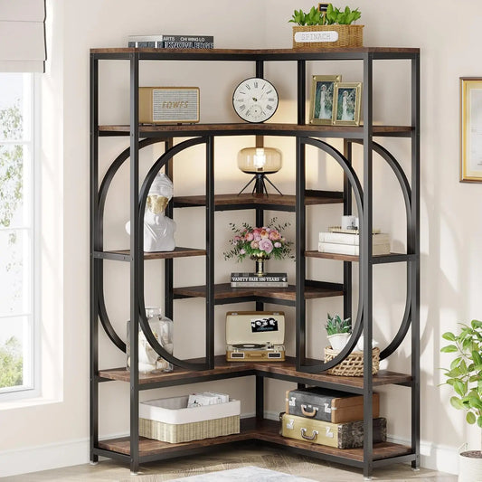 LITTLE TREE 7-Shelf Corner Bookshelf with Metal Frame