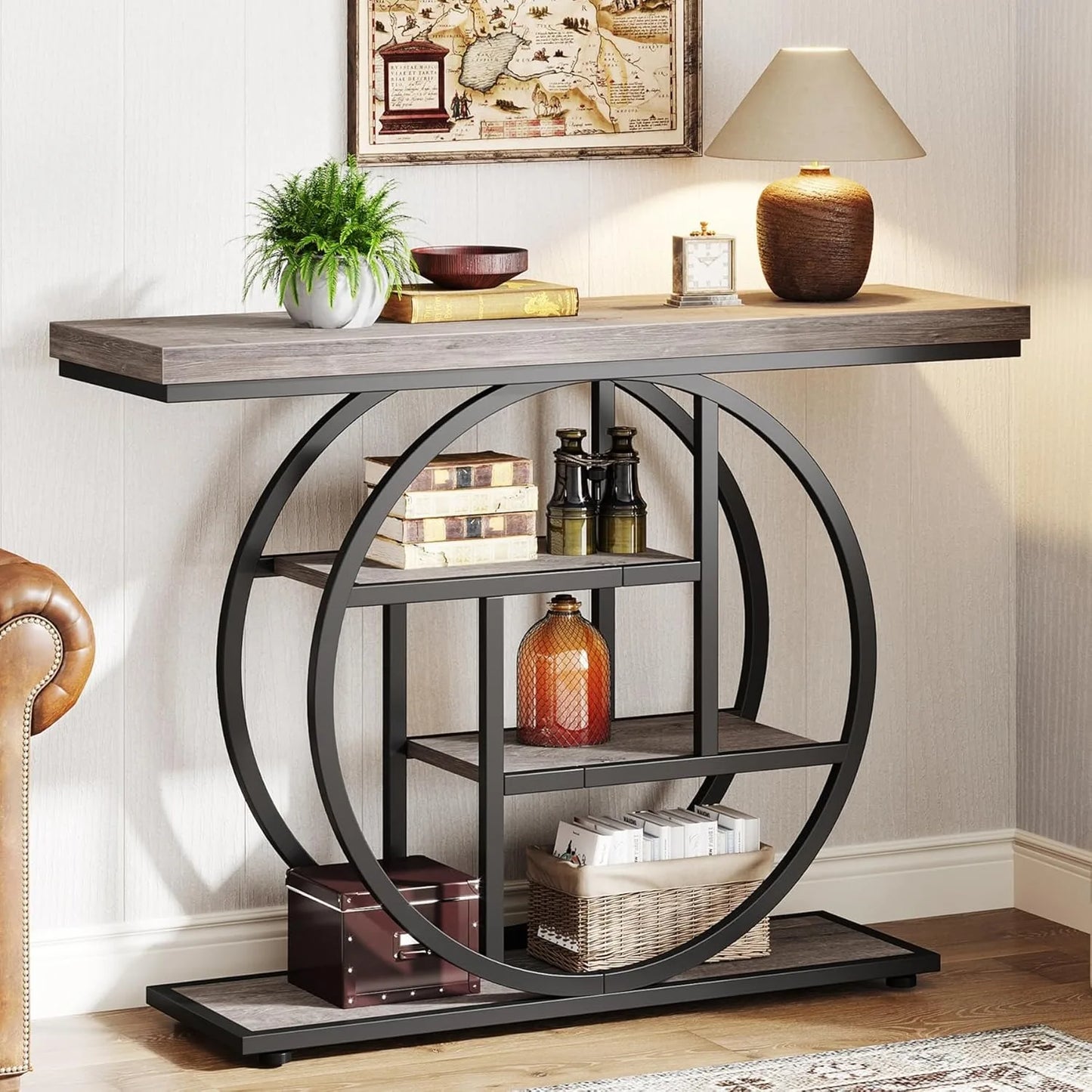 Little Tree Industrial Console Table With Four Storage Shelves For Entryway