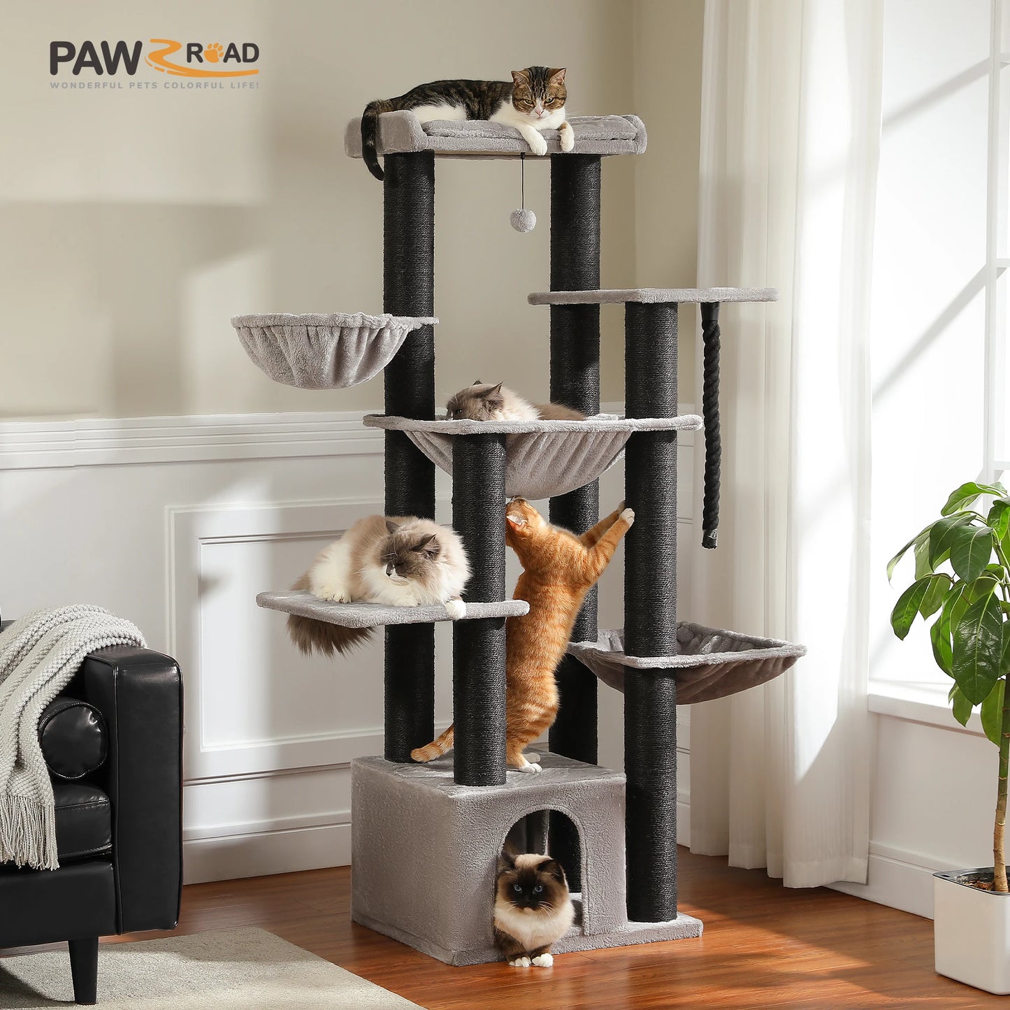 PAWZ Road Premium Large Cat Tree For Big Cats 170cm Tall Multi Level Cat House With Hammock And 11 Sisal Posts