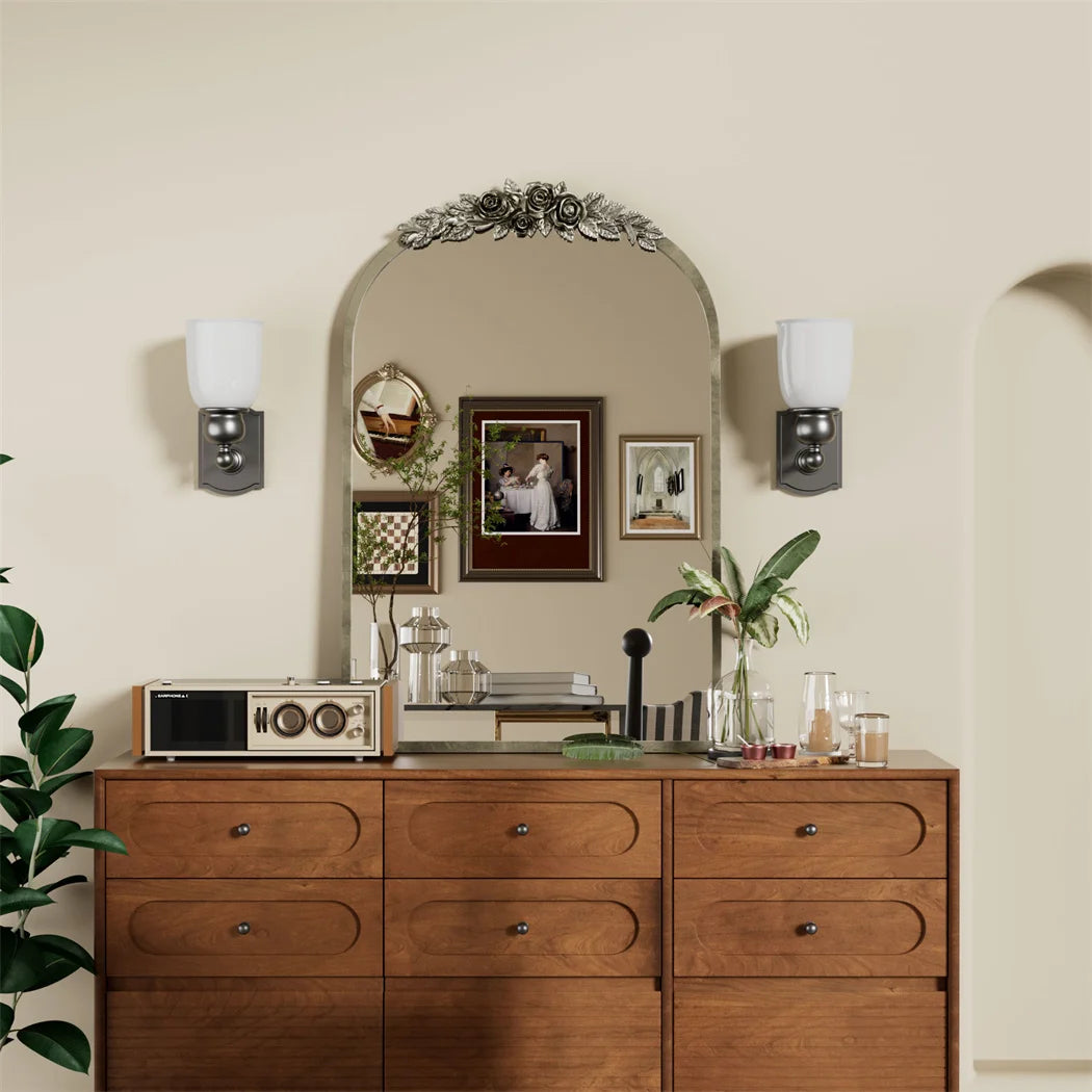 LUVODI Elegant Antique Brass Arched Wall Mirror With Resin Rose Pattern For Entryway And Living Room