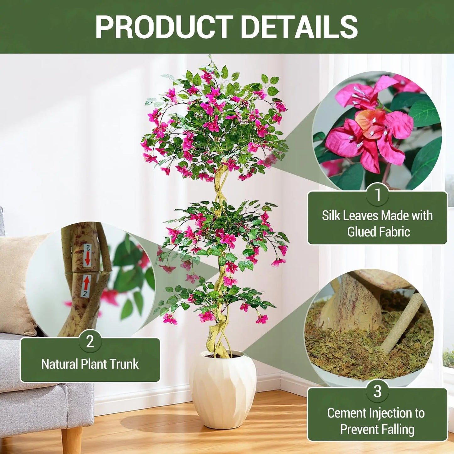 HiMISSCN Artificial Bougainvillea Tree With White Pot Lifelike Silk Foliage For Indoor Outdoor Decor Home Office Wedding