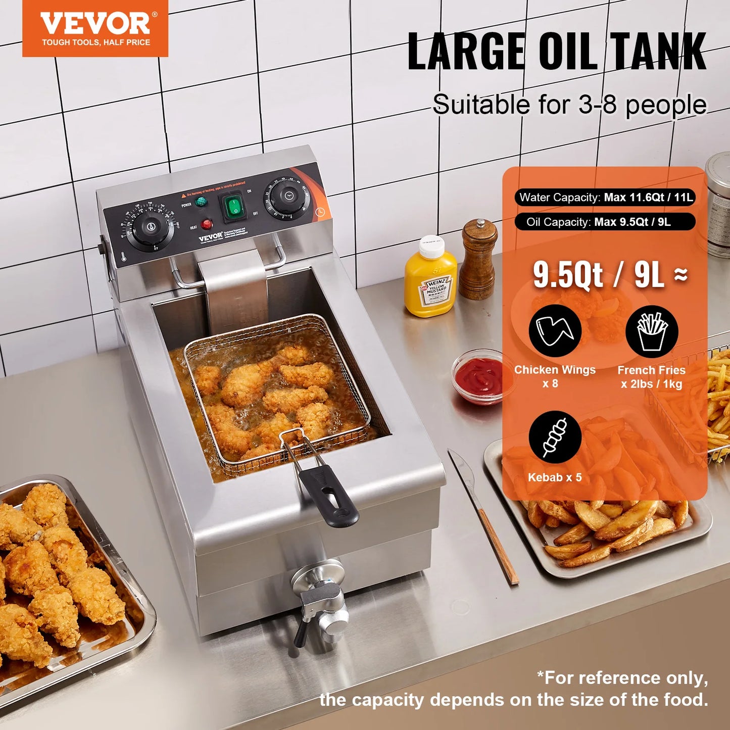 VEVOR Commercial Deep Fryer Electric Countertop 11.6 Qt Stainless Steel With Time And Temperature Control