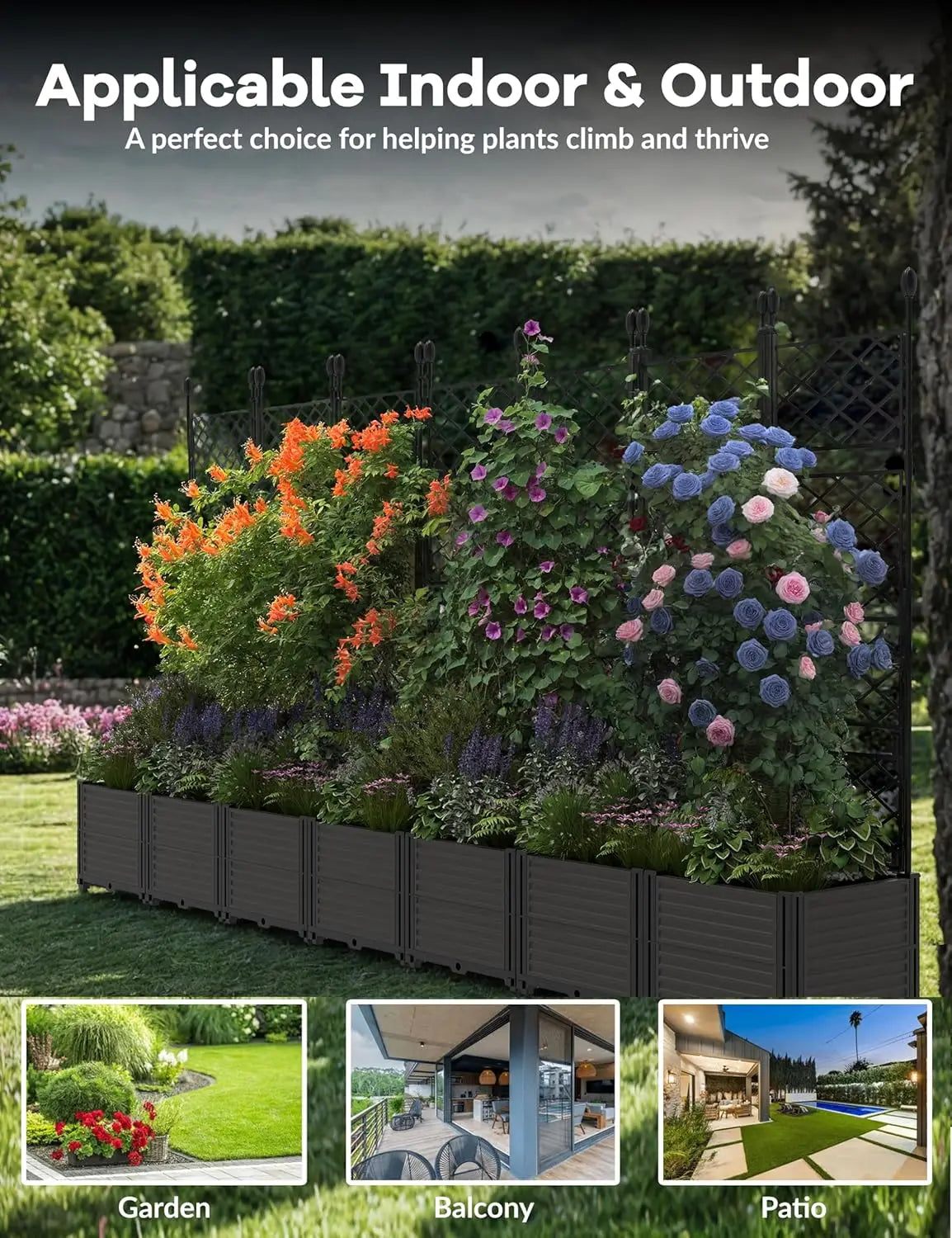 TWISTER.CK Plastic Planter Box With Trellis 5.25ft Tall Raised Garden Bed Self Watering Drainage For Outdoor Balconies