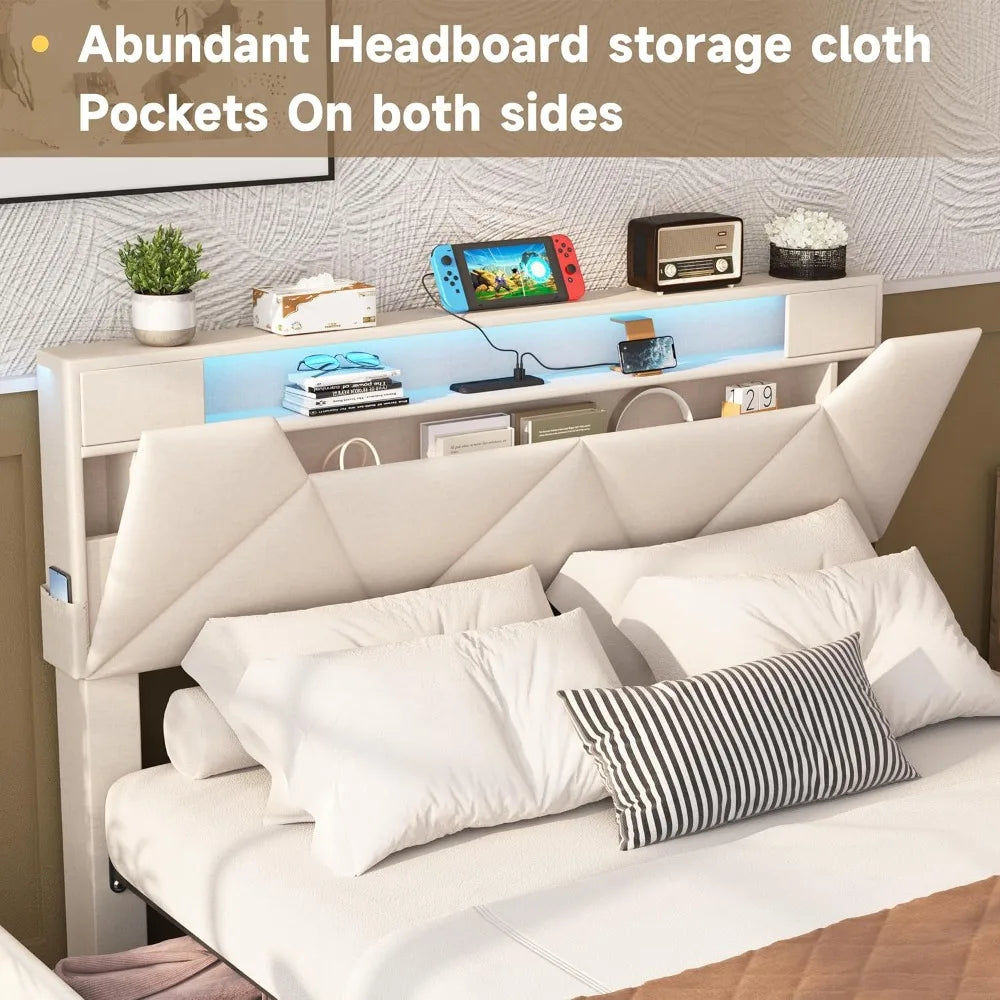 Full Bed Frame With Storage Headboard And Four Drawers