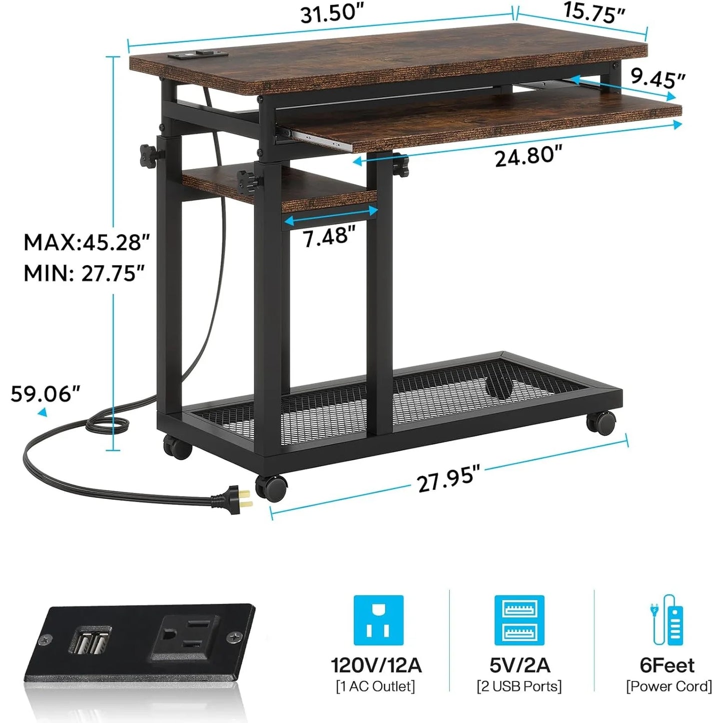 Little Tree Height Adjustable Sofa Table Laptop Stand With USB