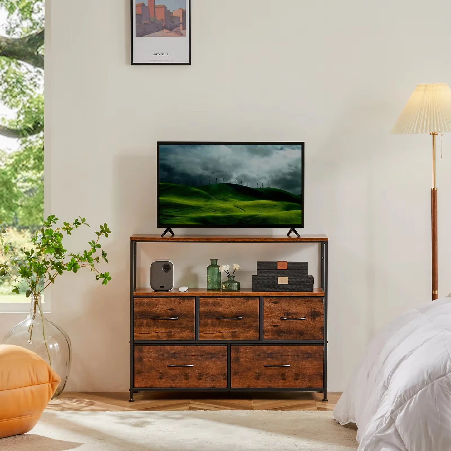 JHK Fireplace TV Stand Dresser With Fabric Drawers For Bedroom