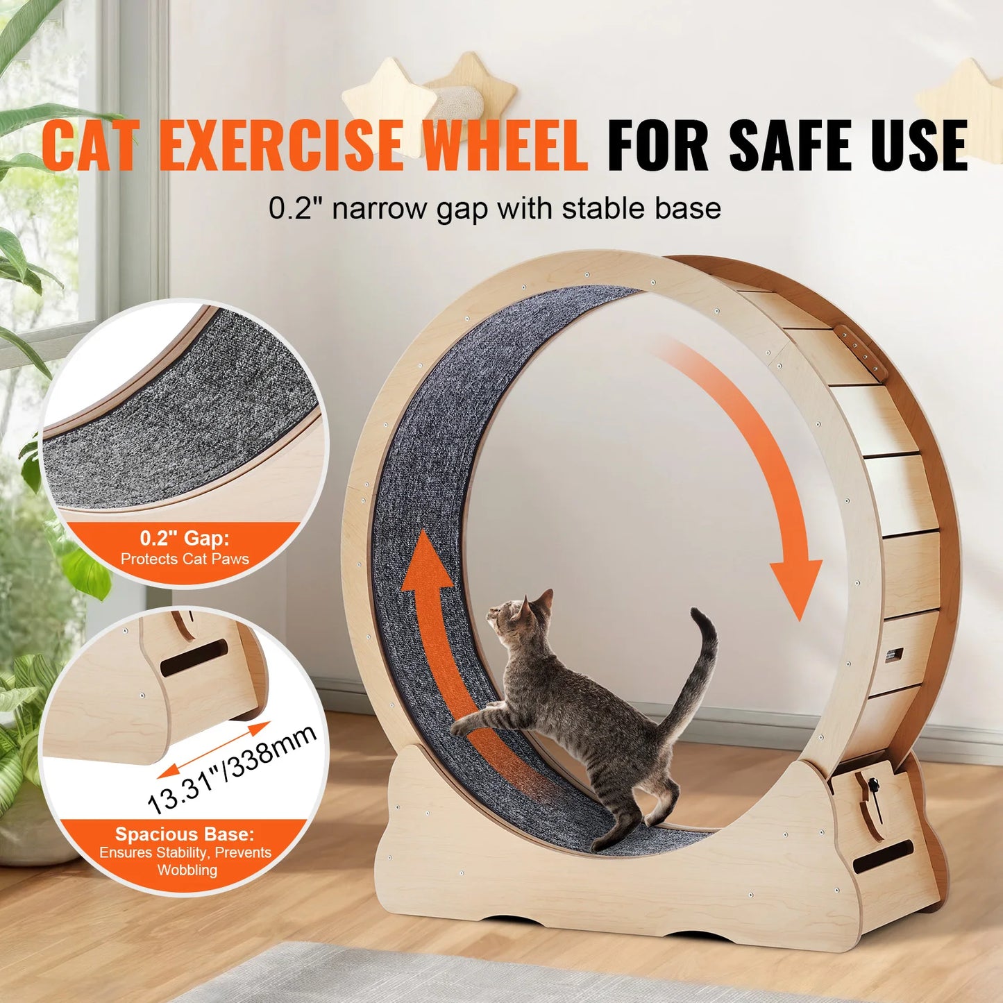 Wooden Cat Exercise Wheel For Indoor Cats Durable Large Treadmill Wheel With Detachable Carpet And Cat Teaser