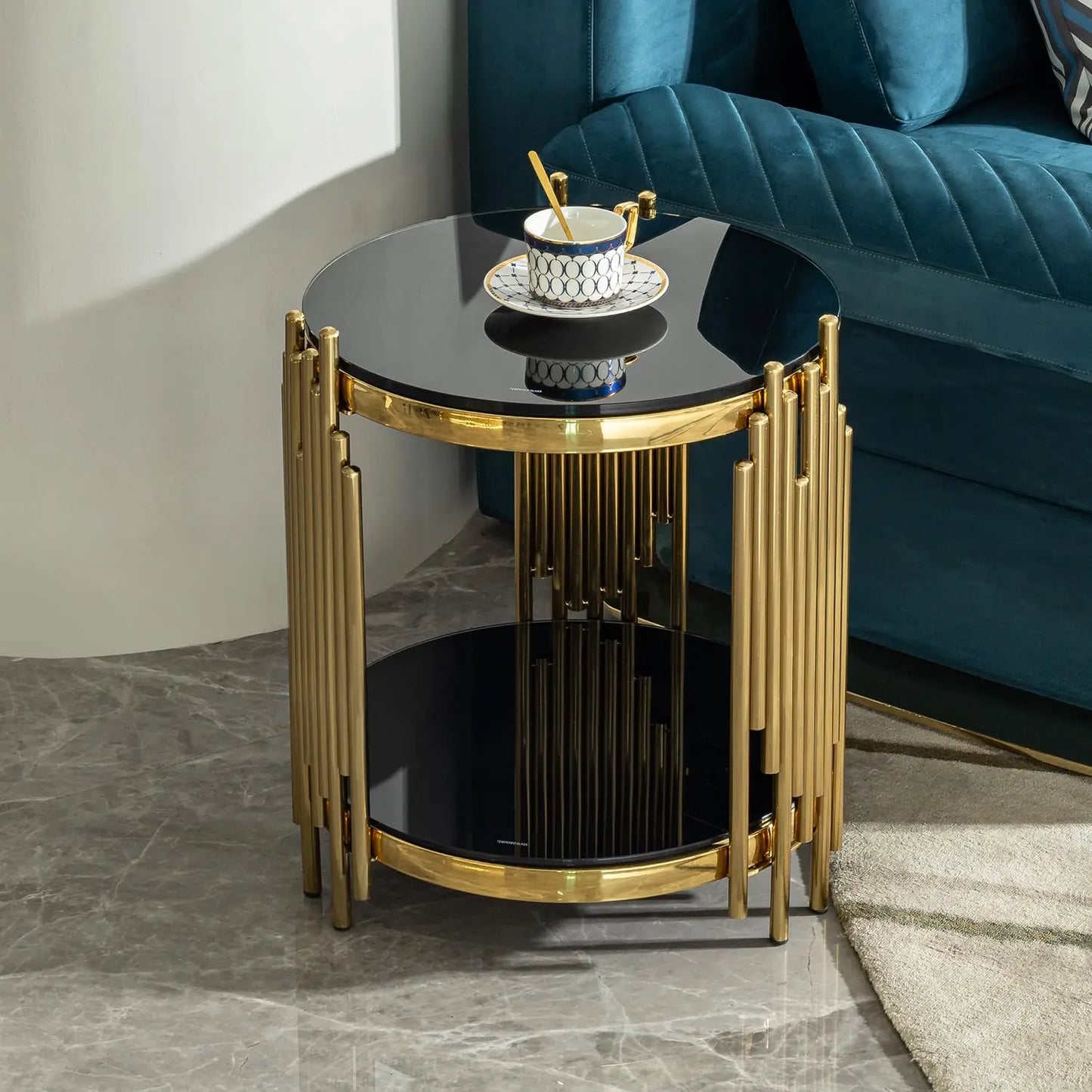 Sofa Side Table With Tempered Glass And Stainless Steel Frame