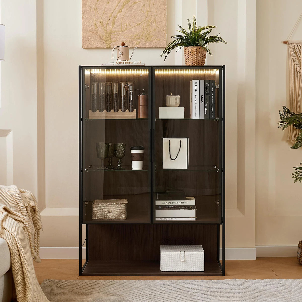 TWISTER.CK 130cm LED Lighted Display Cabinet With Metal Frame And Tempered Glass Door Ideal For Living Room