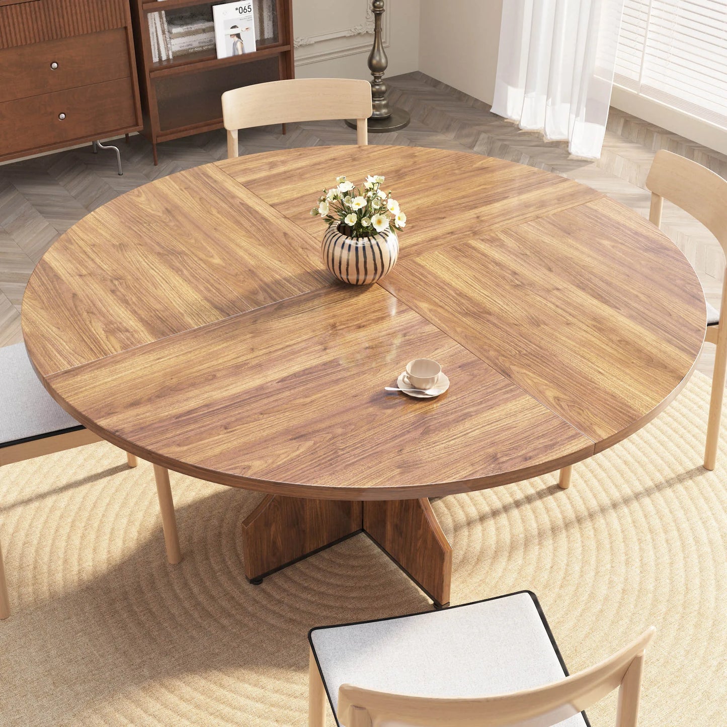 HiMISS Farmhouse Round Wood Dining Table With Storage