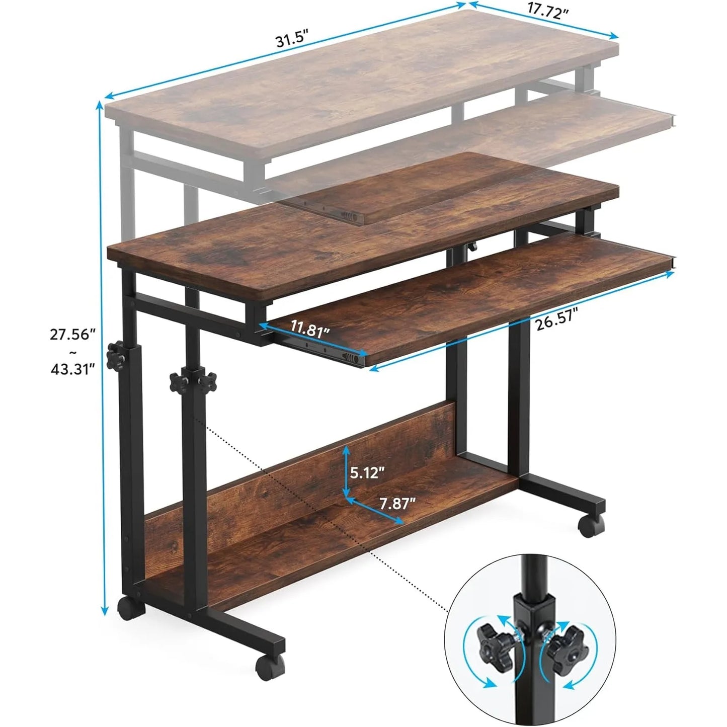 Little Tree Portable Laptop Desk With Height Adjustable Rolling Cart