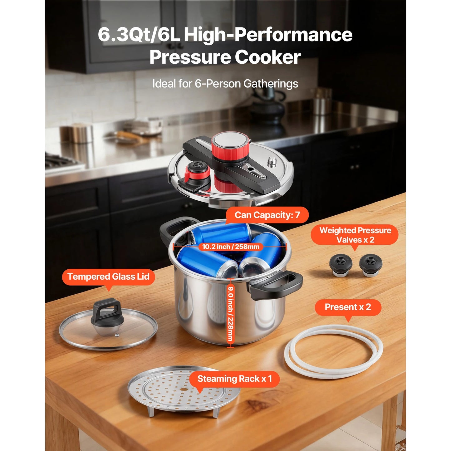 Pressure Cooker Stainless Steel With Steaming Rack Tempered Glass Lid