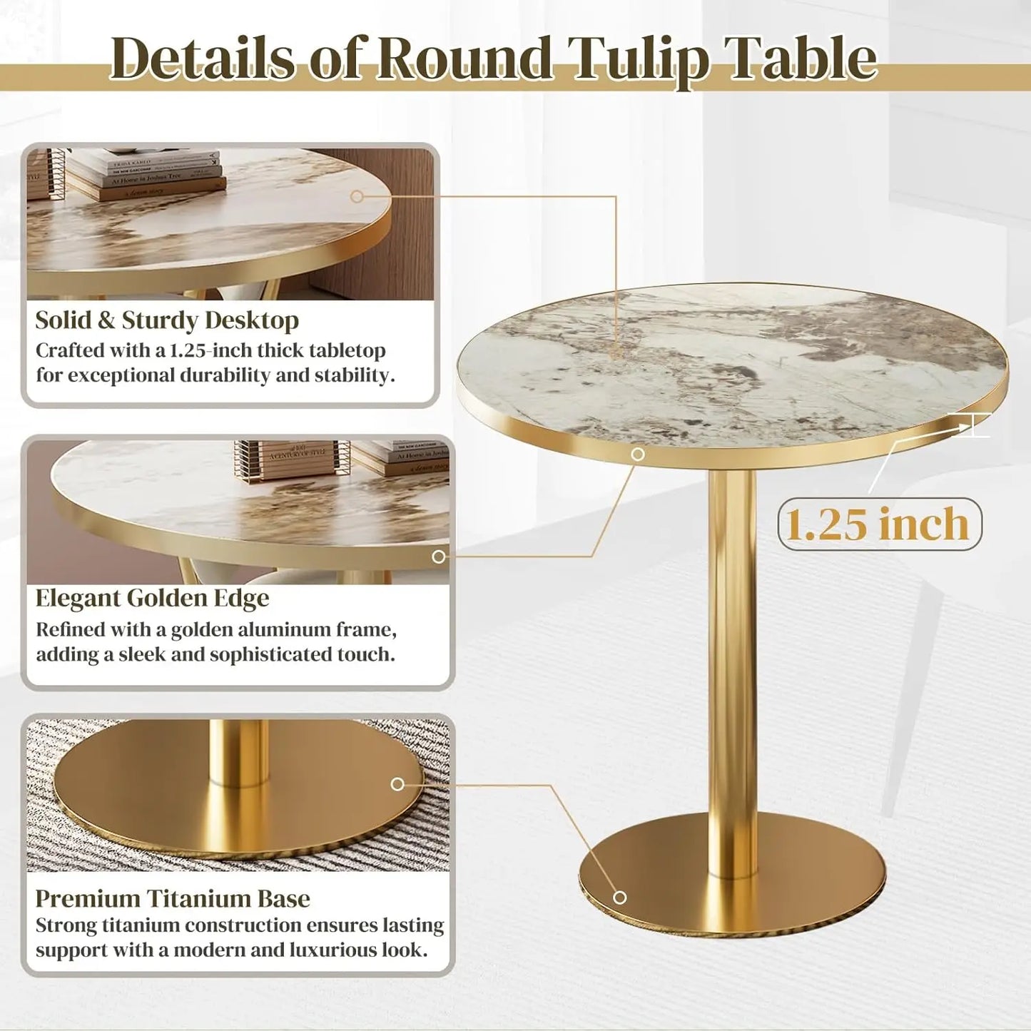 Modern Tulip Kitchen Table With Sintered Stone Top Golden Edge