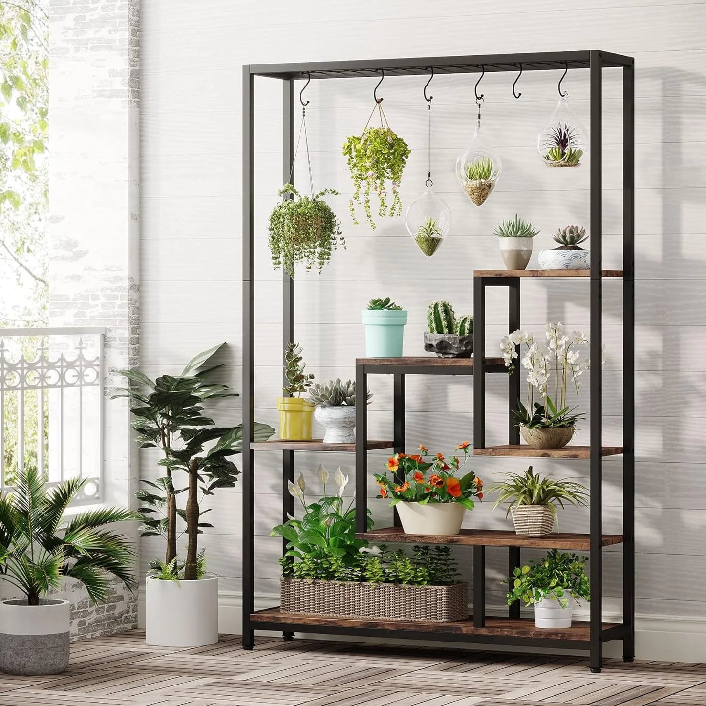 LITTLE TREE 5-Tier Tall Indoor Plant Stand With Hanging Hooks