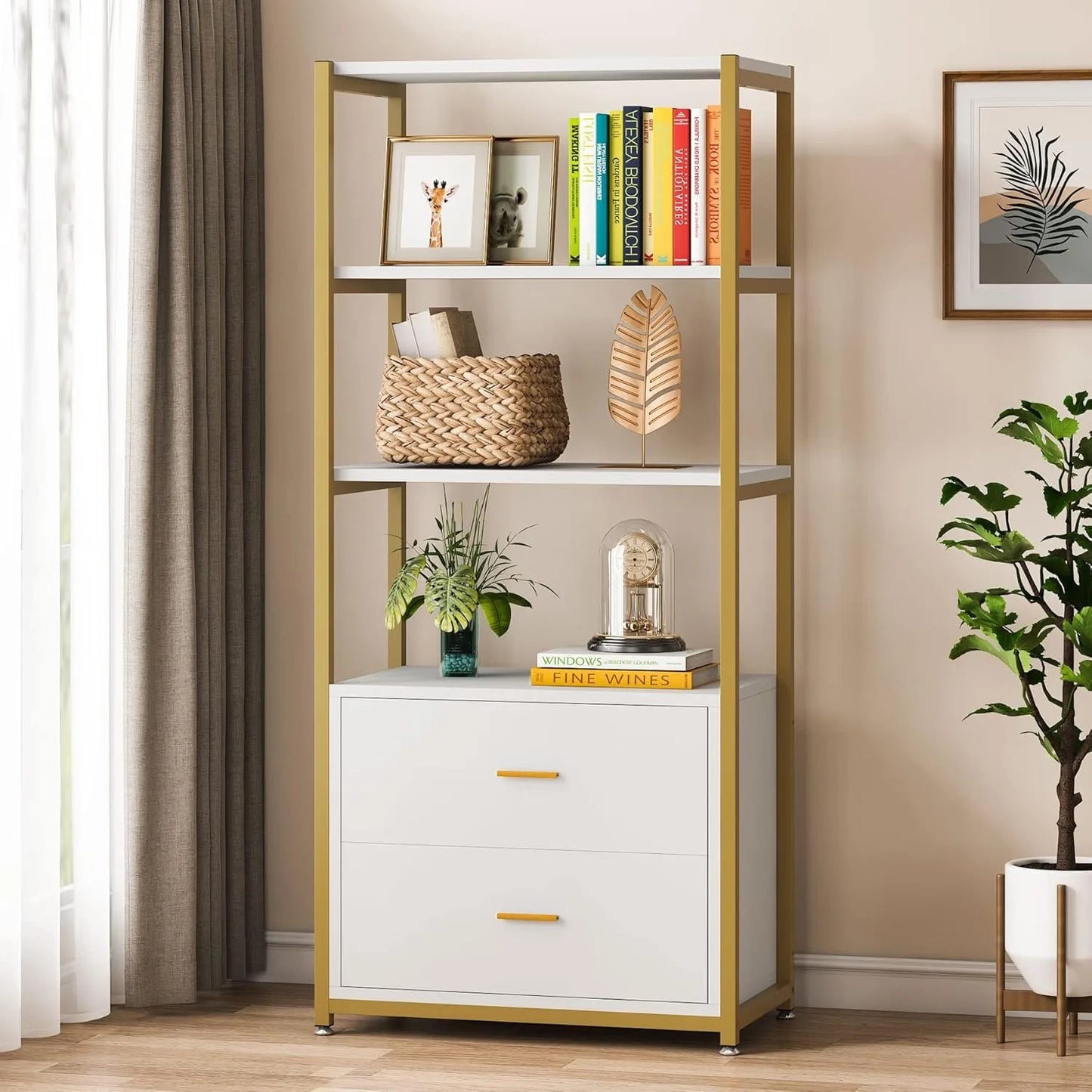 Little Tree 4-Tier Bookcase With Drawers Etagere Display Shelf