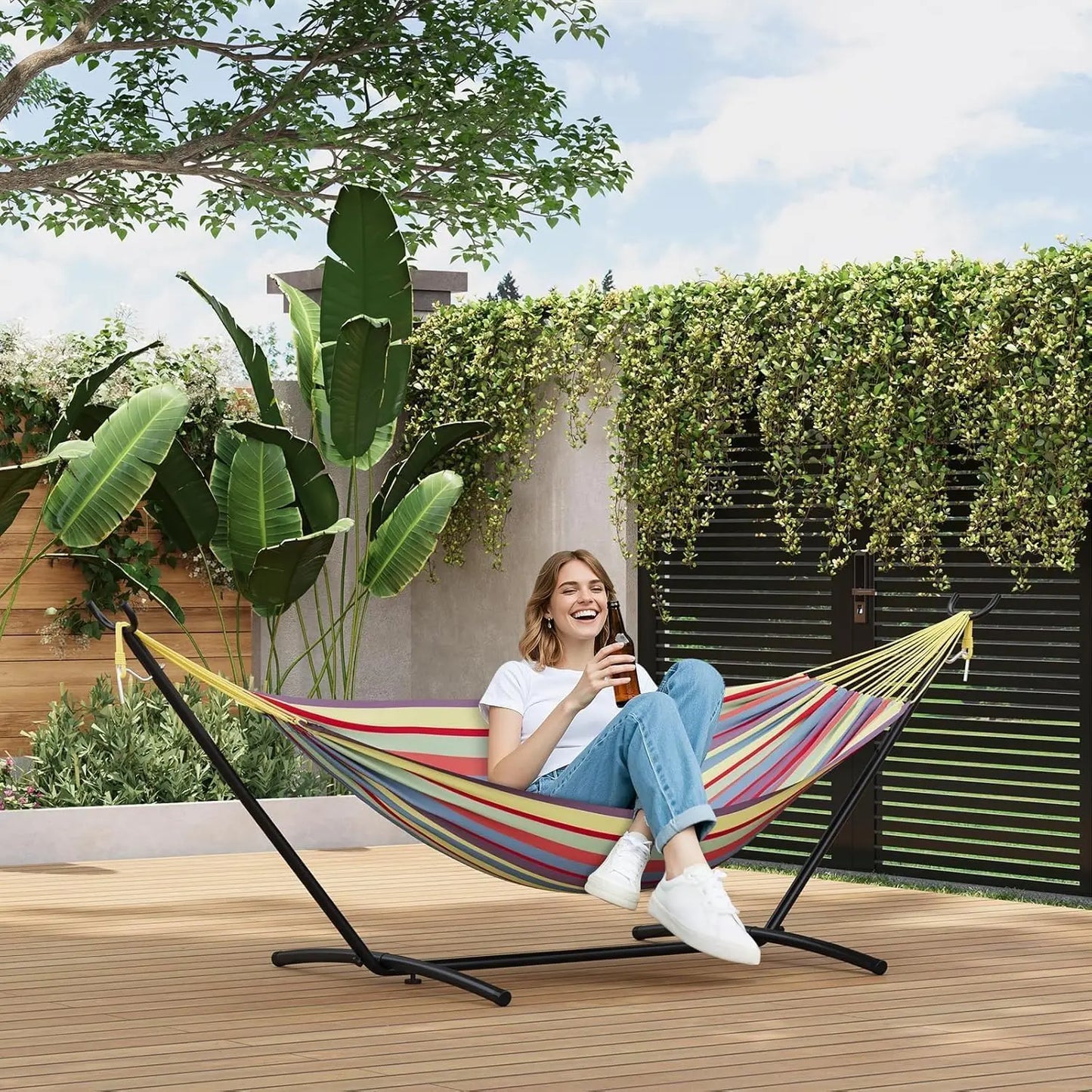 NONEM Double Hammock With Stand Iron Frame For Couples 450Lb Capacity Portable Outdoor Camping Gear Carry Bag