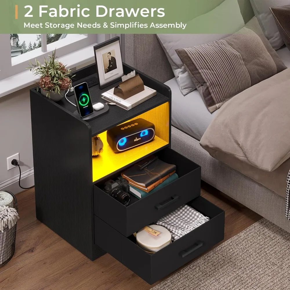 Stand Set of 2 Nightstands With LED Lighting and Charging