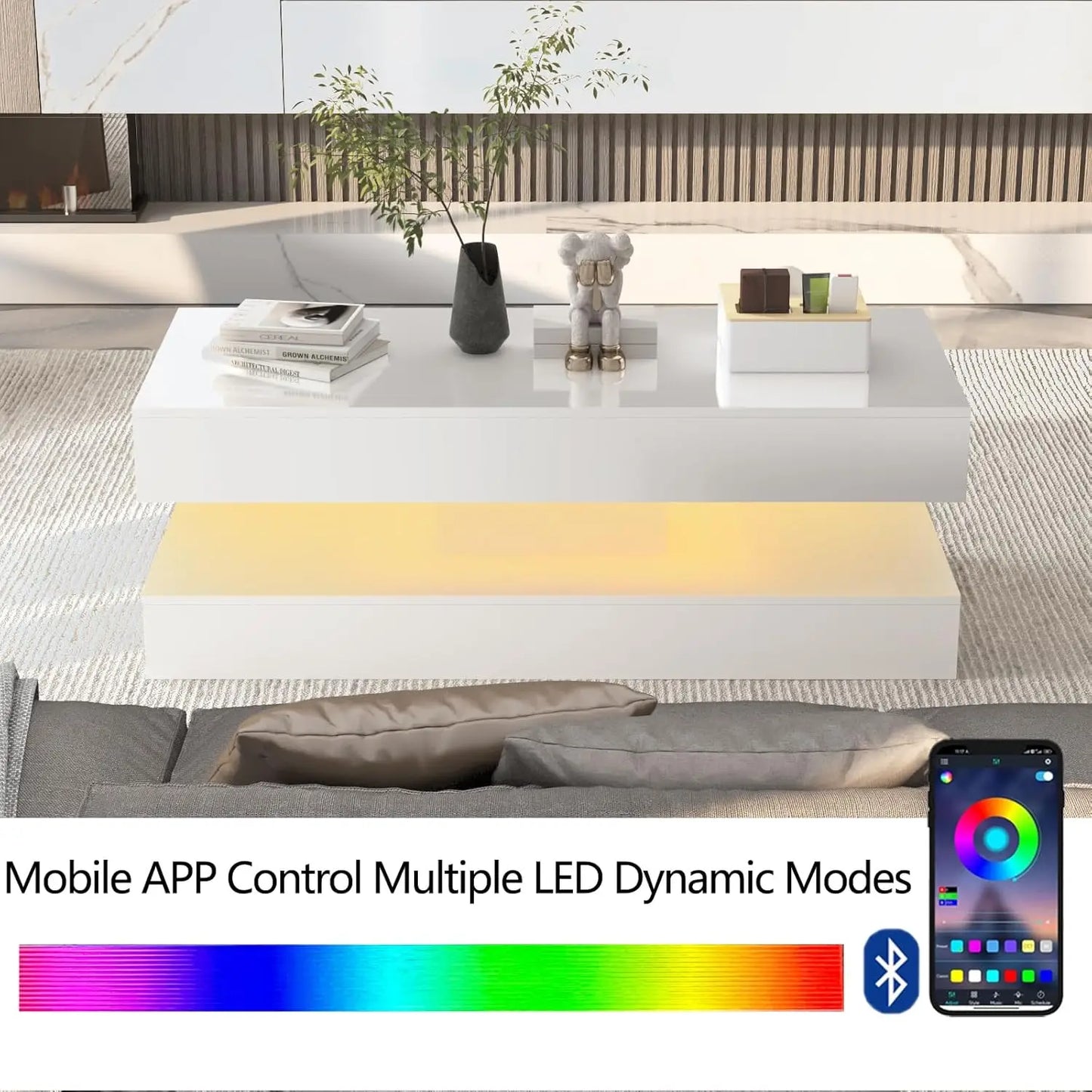 Glossy LED Coffee Table With 2 Drawers Modern Living Room