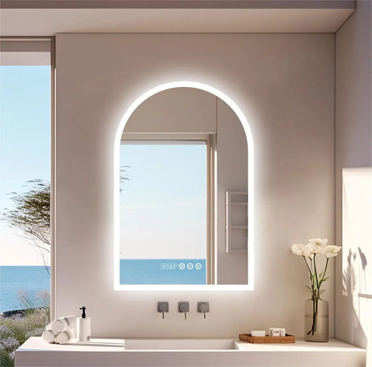 Arch Shape LED Bathroom Mirror Backlit Frameless Antifog Temperature Display