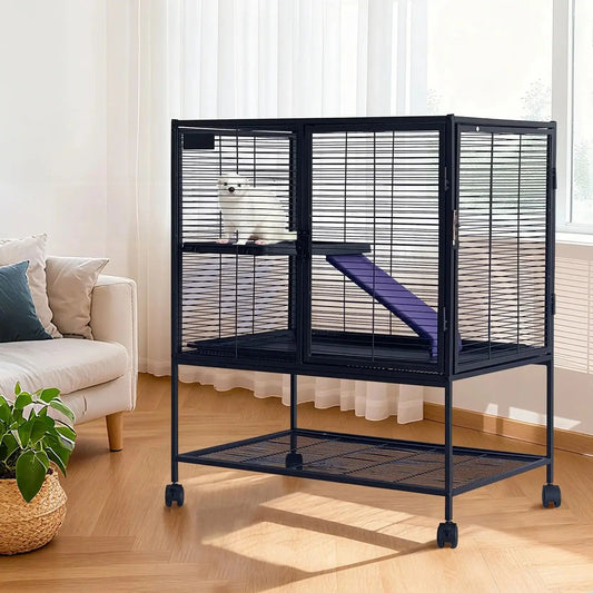 HiMISSCN Heavy Duty Small Animal Cage For Ferrets Chinchillas And Rabbits With Lockable Wheels And Removable Platforms
