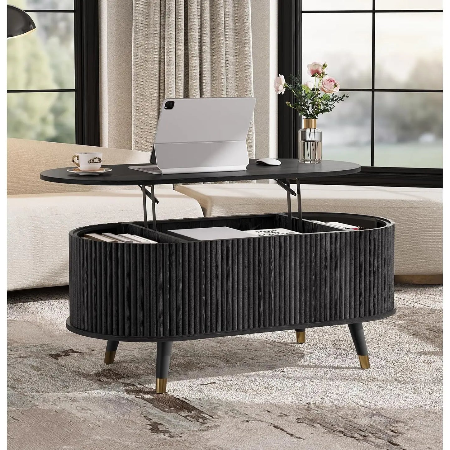 Round Coffee Table With Hidden Slidable Storage Door Modern Walnut
