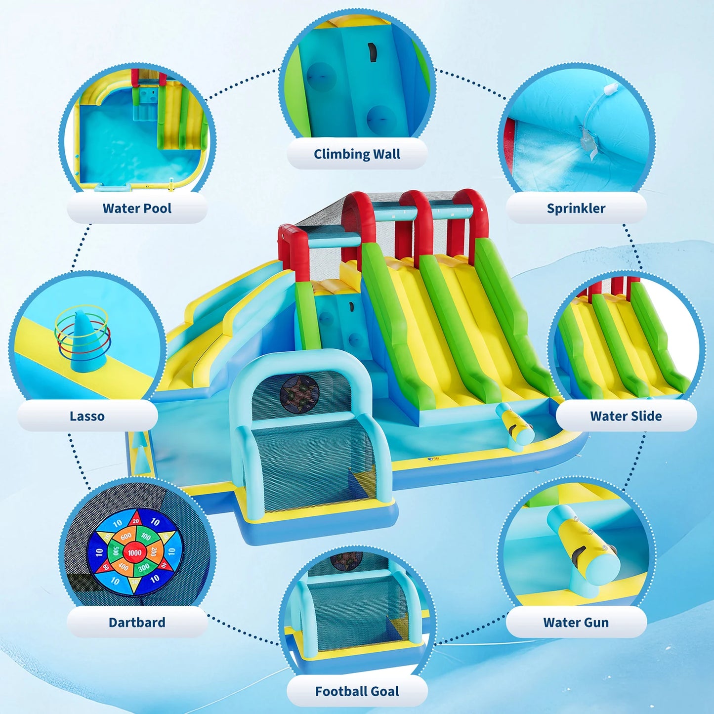 Inflatable Bounce Castle With Three Water Slides And Climbing Wall Splash Pool For Kids Backyard Indoor Outdoor