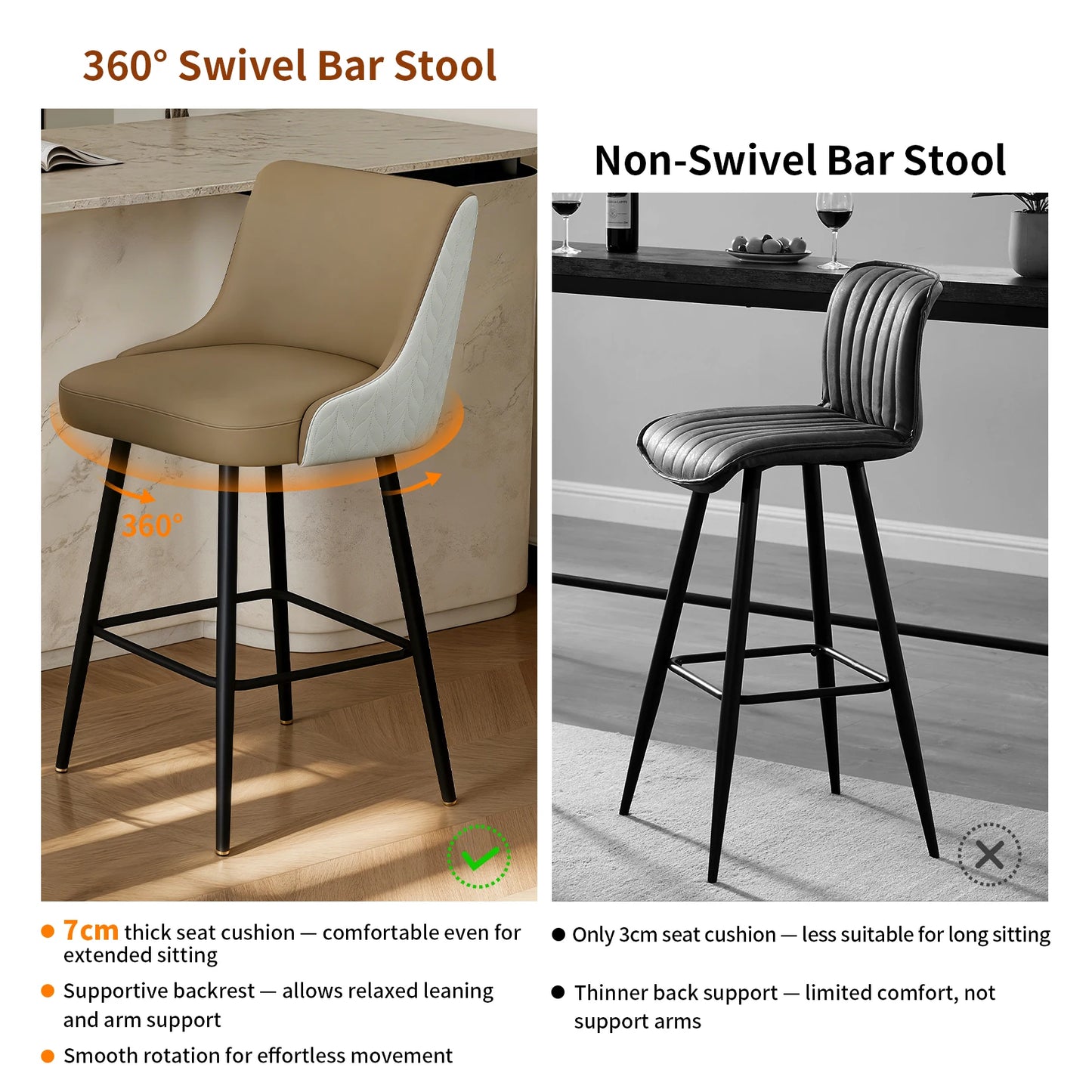 360 Degree Swivel Bar Stool High Back Footrest Microfiber Leather