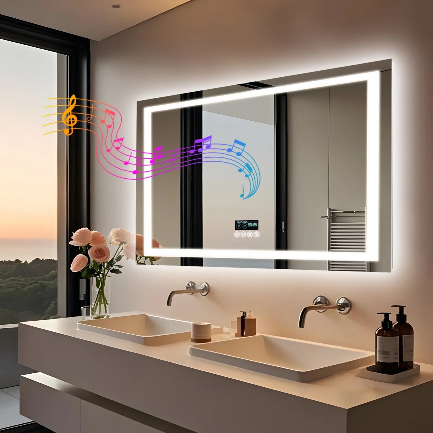 Bluetooth LED Bathroom Mirror With Dual Speaker Digital Display Antifog