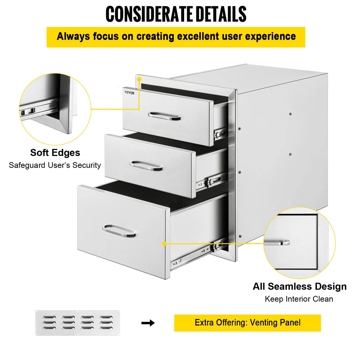SucceBuy Stainless Steel Outdoor Kitchen Drawer With Handle Triple Layer Storage For BBQ Island