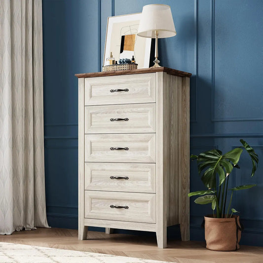Wood Five Drawer Chest Dresser By TWISTER.CK Space Saving Vintage Tall Storage For Living Room And Kids Bedroom