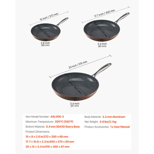 SucceBuy 3 Piece Nonstick Ceramic Frying Pan Skillet Set Heavy Duty Induction Compatible For Home Cooks