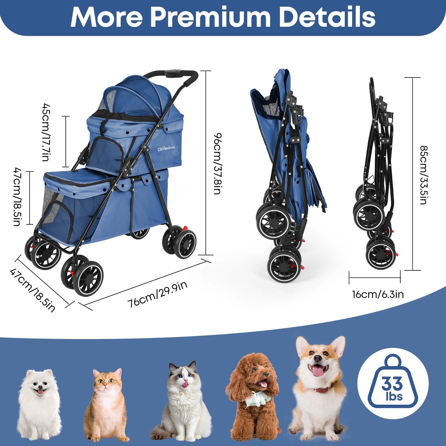 CHIHUAHUA Folding Double Pet Stroller With Detachable Carrier Bags