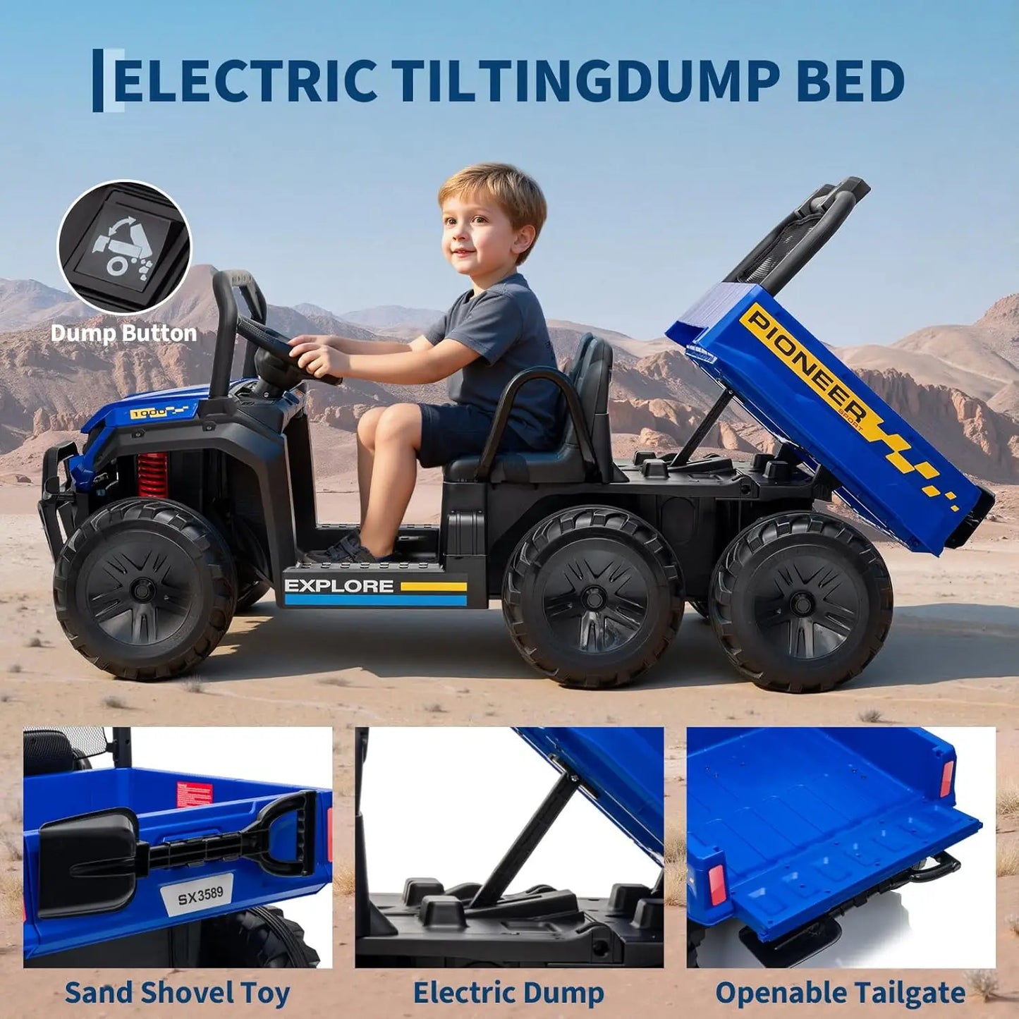 Powerful 24V 4WD Dual Seater Ride On Dump Truck With Remote Dump Bed Music For Boys And Girls