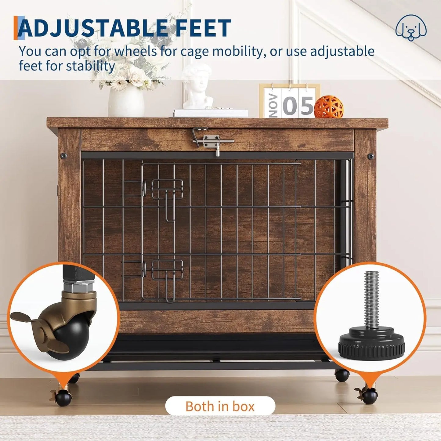 TWISTER.CK Indoor Wooden Dog Crate Furniture 26 Inch Double Door with Wheels Removable Tray for Small Dogs