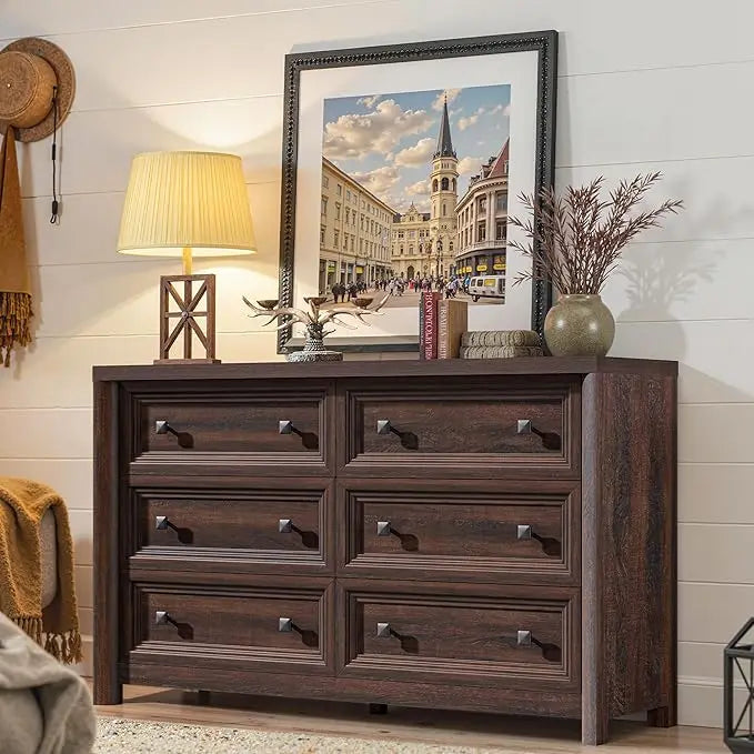 Farmhouse 6-Drawer Solid Wood Dresser For Bedroom Storage